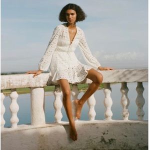Zara SHORT DRESS WITH OPENWORK EMBROIDERY in white size small